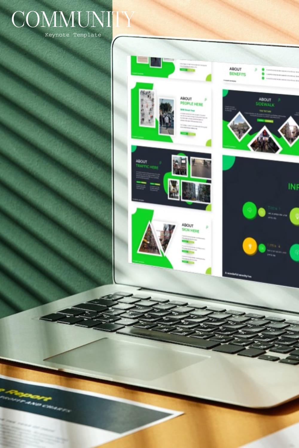 Images of exquisite community theme presentation slides on laptop.