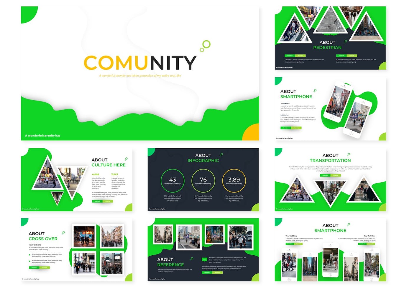 A collection of images of adorable community-themed slide presentation template.
