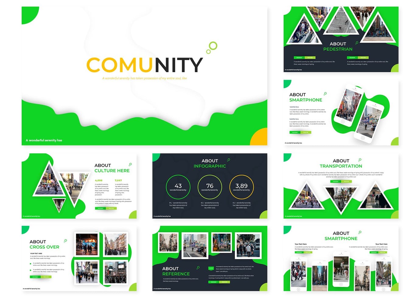 A set of images of unique slides presentation template on the topic of the community.