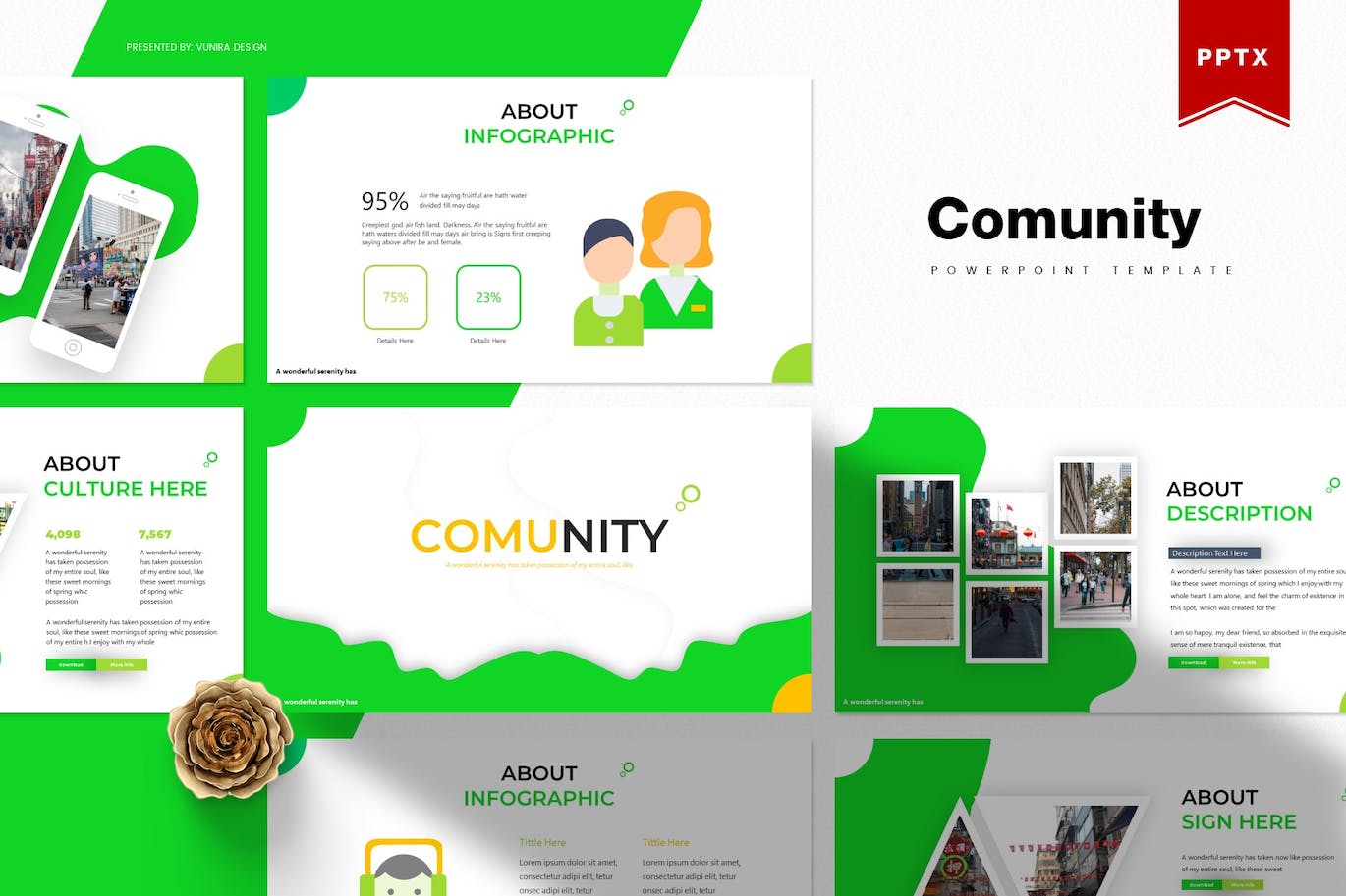 A set of images of unique slides presentation template on the topic of the community.