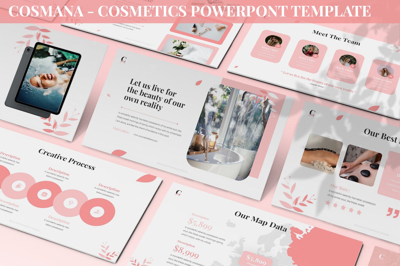 A selection of images of unique presentation template slides on the theme of cosmetics.
