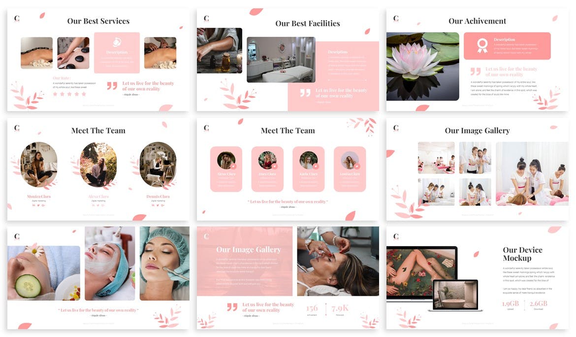 Pack of images of enchanting slides of a presentation template on the topic of cosmetics.