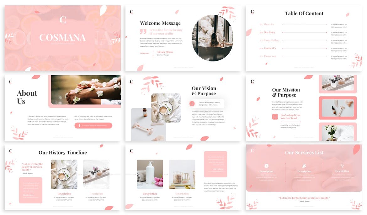 Compilation of images of irresistible cosmetics slide presentation template.