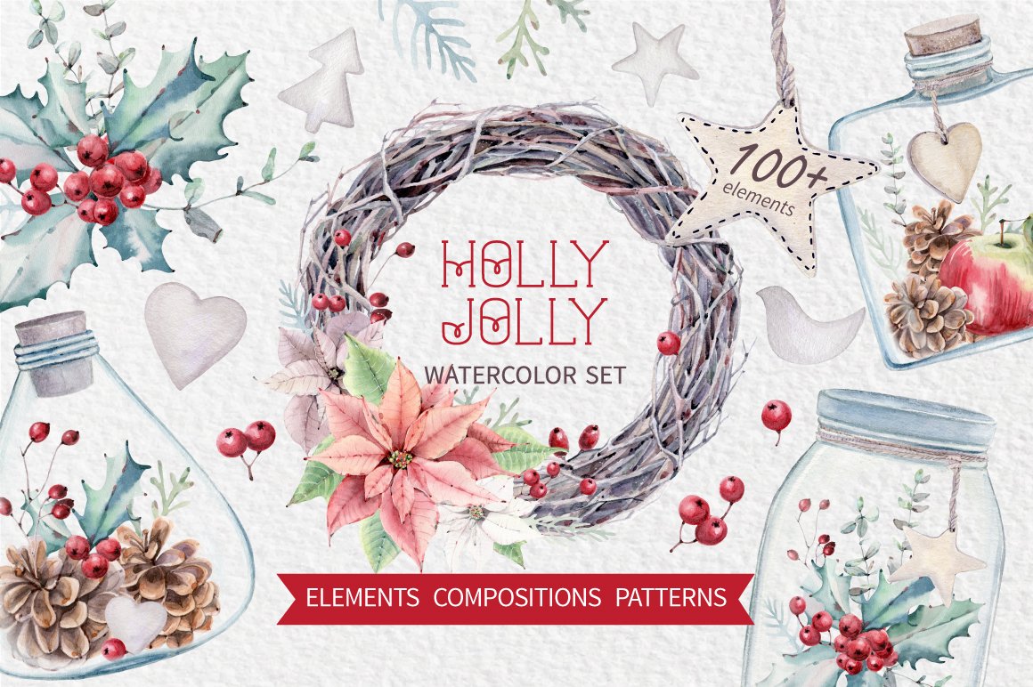 Red and gray lettering "Holly Jolly Watercolor Set" and different christmas illustrations.