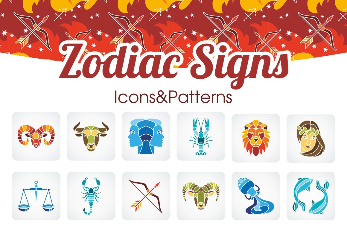 Zodiac signs icons and patterns.