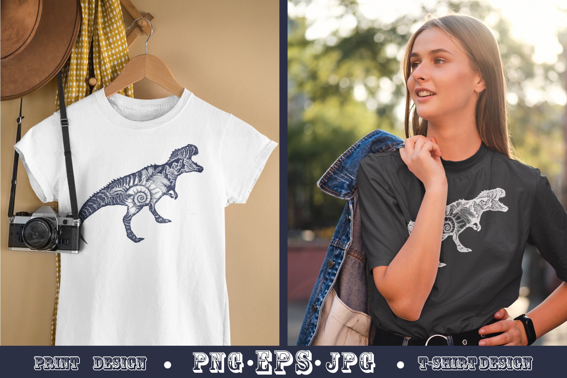 White and dark grey women t-shirt with the dinosaurs.