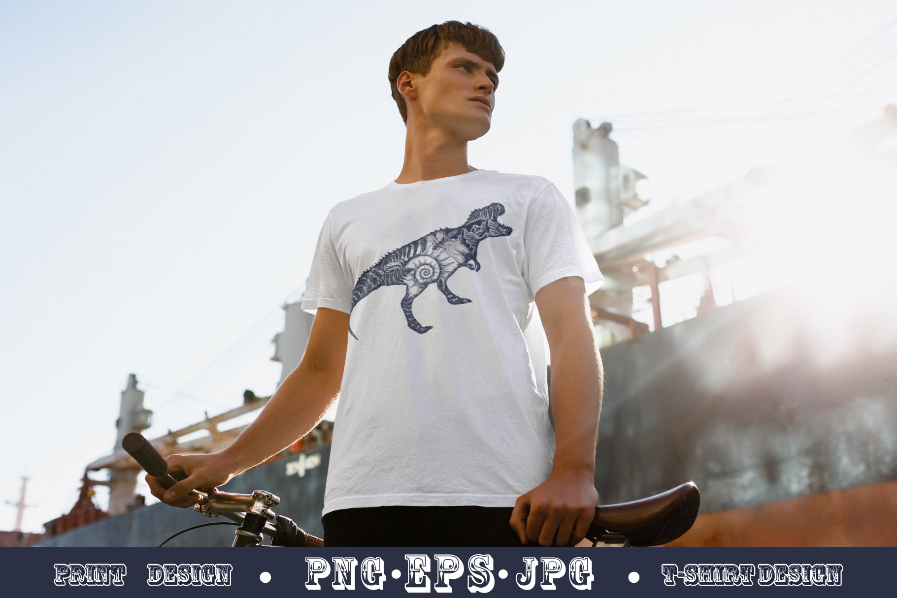 Classic white t-shirt with a men with a dinosaur.
