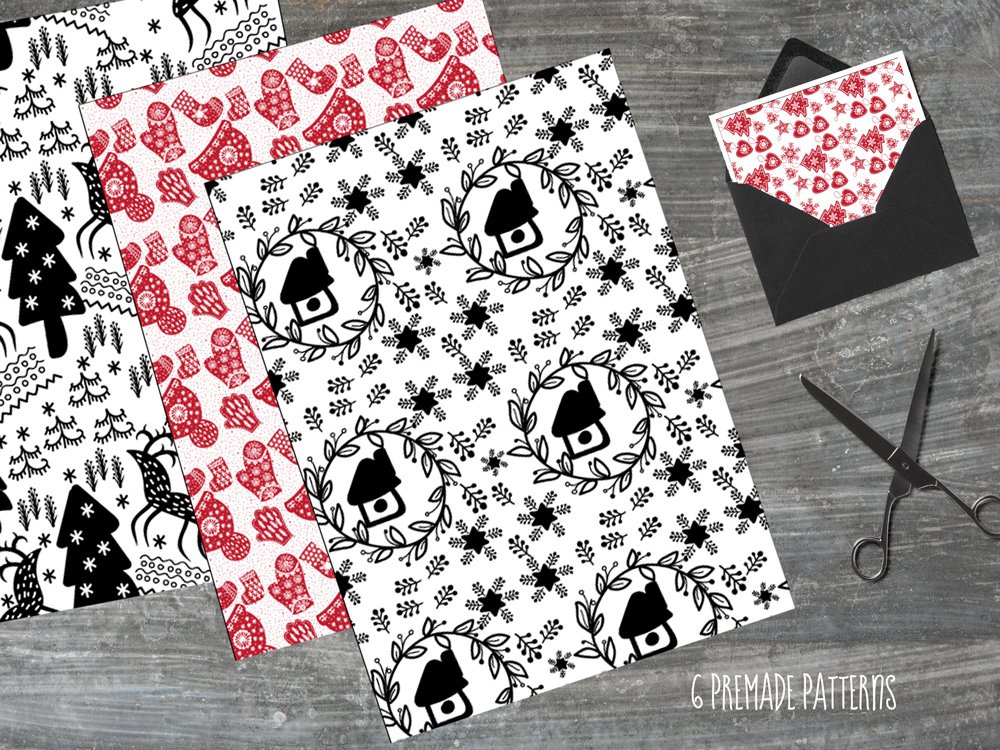 A set of 3 seamless patterns with christmas elements in black, white and red.