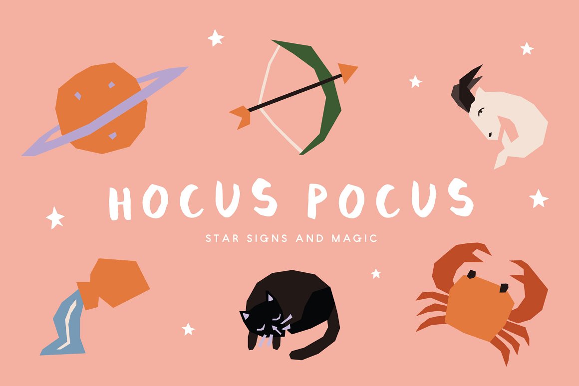 White lettering "Hocus Pocus Star Signs And Magic" and 6 different colorful illustrations on a pink background.