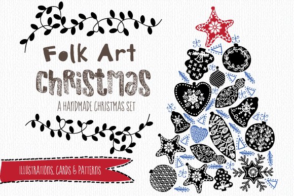 Brown lettering "Folk Art Christmas" and black-blue illustration of a christmas tree with red star.