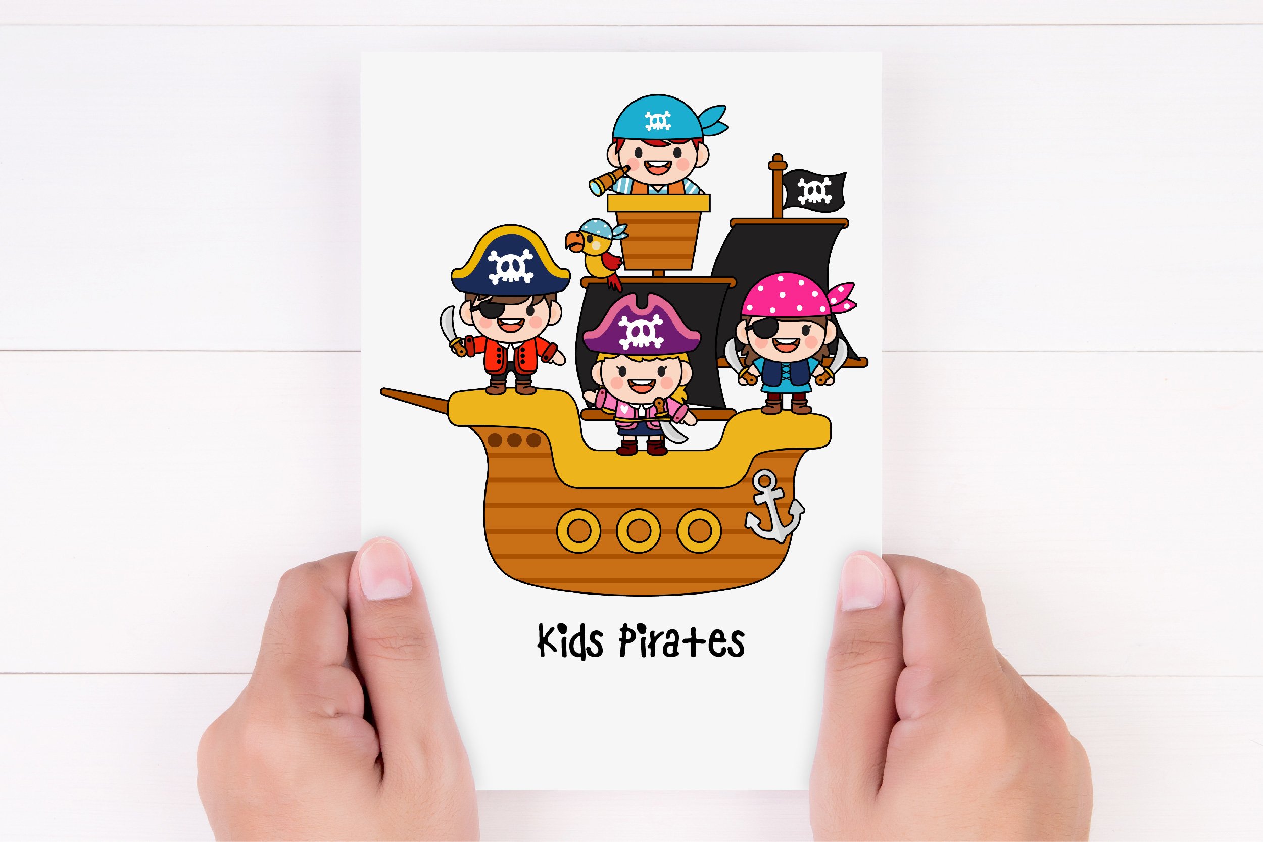 White card with kids in a pirate uniform.