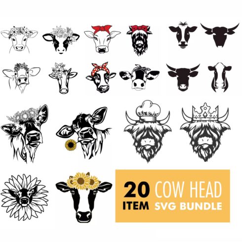 20 cow head svg bundle.