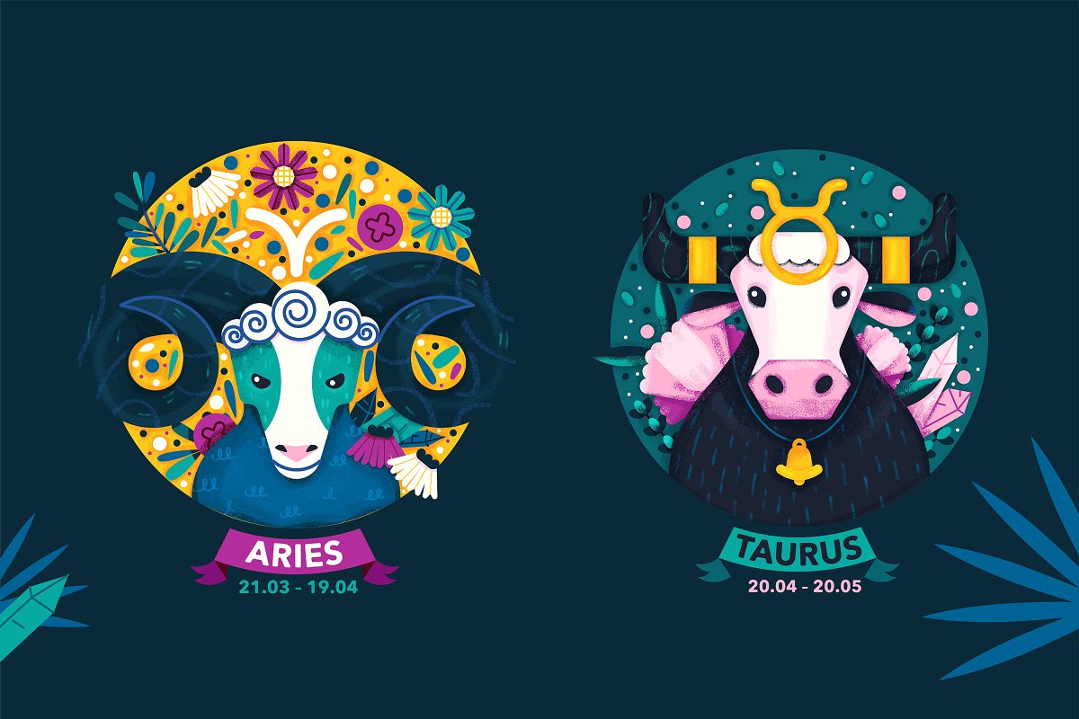 Aries and taurus colorful icons preview.