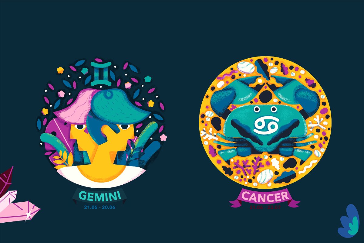 Gemini and cancer colorful icons preview.