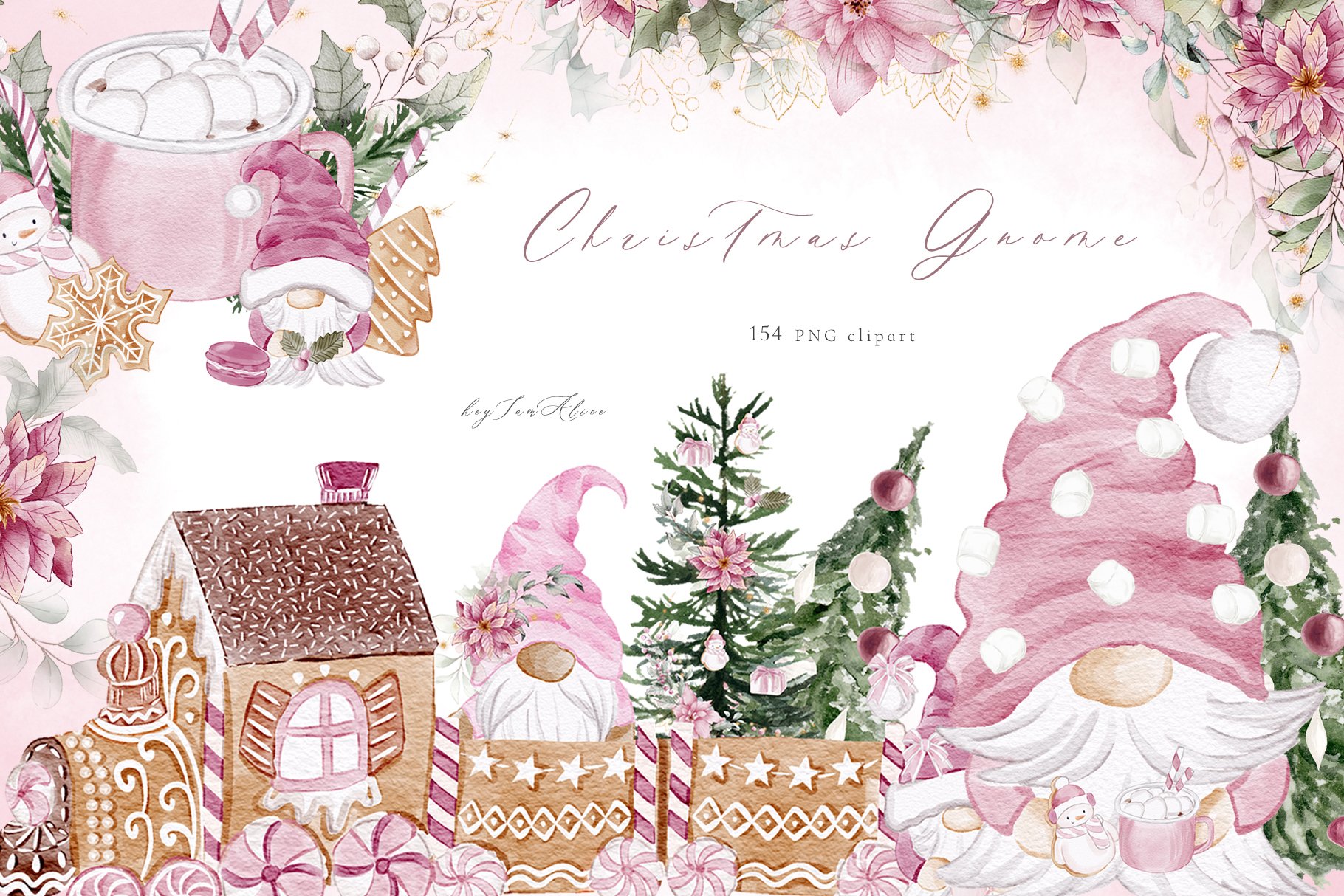 Cute pink watercolor Christmas illustration.