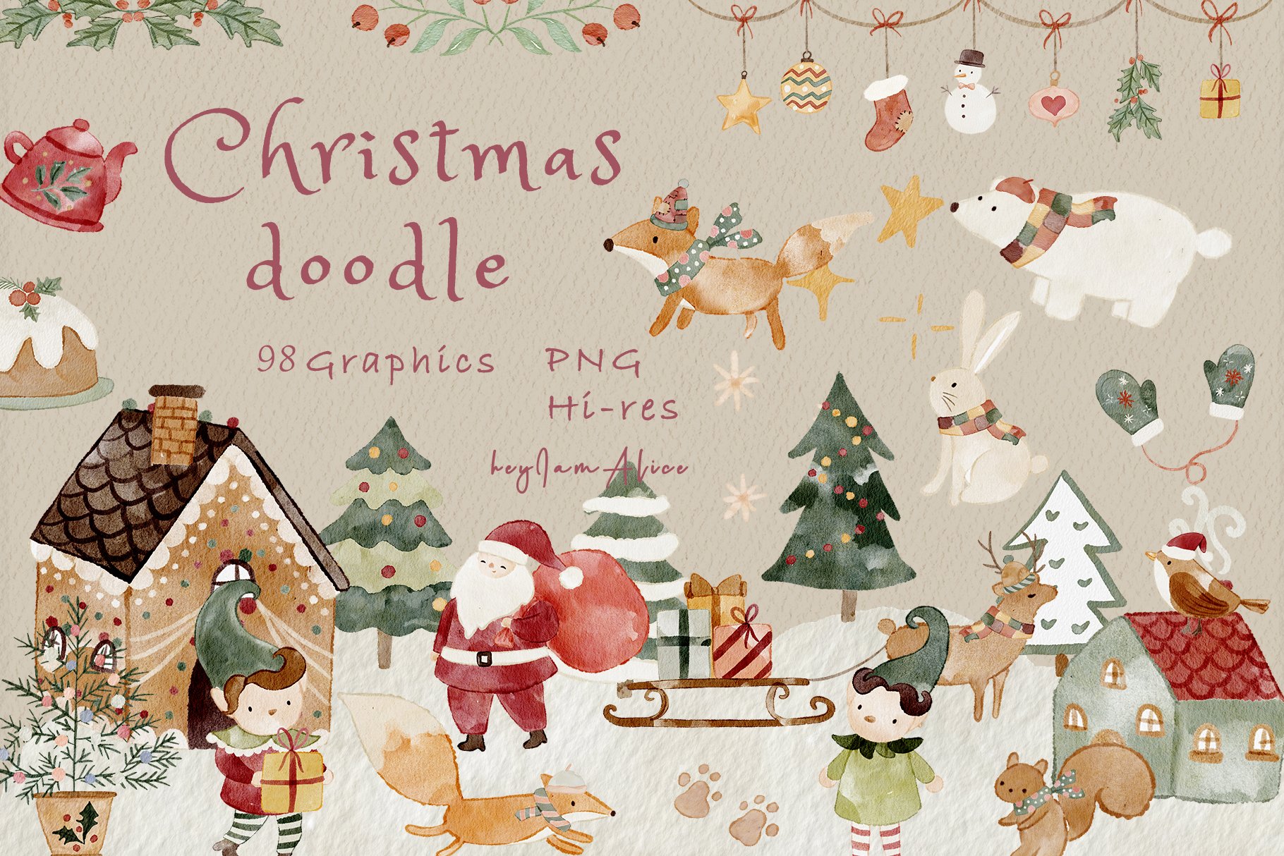 Christmas illustration with lots of elements.