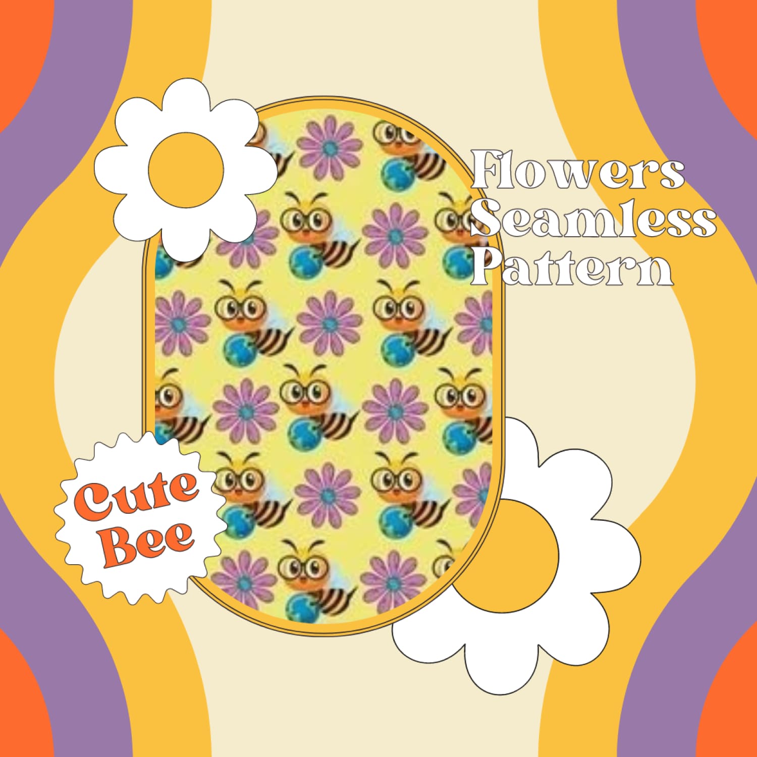 Cute Bee With Flowers Seamless Pattern.