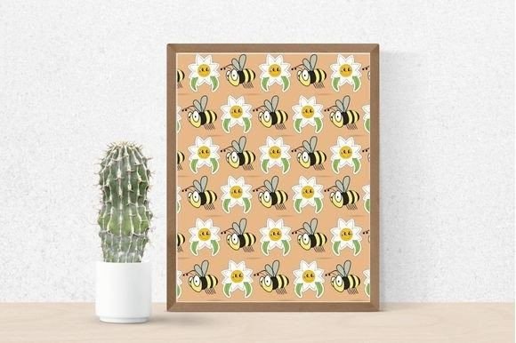 Cactus in a pot and a picture of bees with white flowers on a peach background in brown frame.