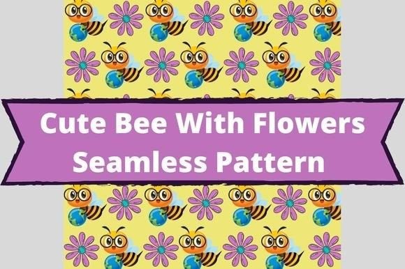 The white lettering "Cute Bee With Flowers Seamless Pattern" on a lavender background and image of bees with lavender color flowers on a yellow background.