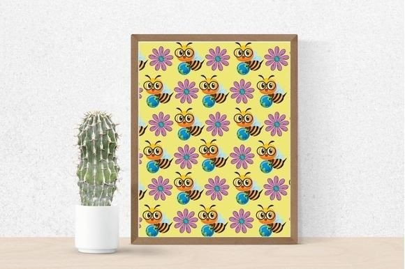 Cactus in a pot and a picture of bees with lavender color flowers on a yellow background in brown frame.