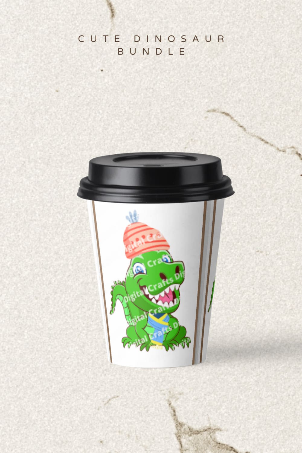 Image of a paper cup with a picture of a green dinosaur.