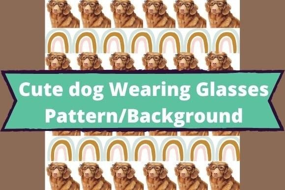 The white lettering "Cute Dog Wearing Glasses Pattern/Background" on a turquoise background and image of dogs in glasses on a white background.
