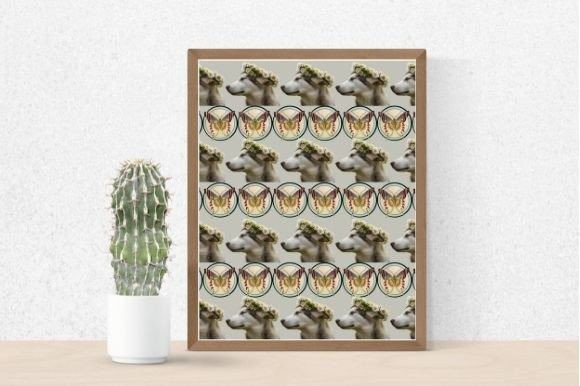 Cactus in a pot and picture of dogs and butterflies on a gray background in brown frame.