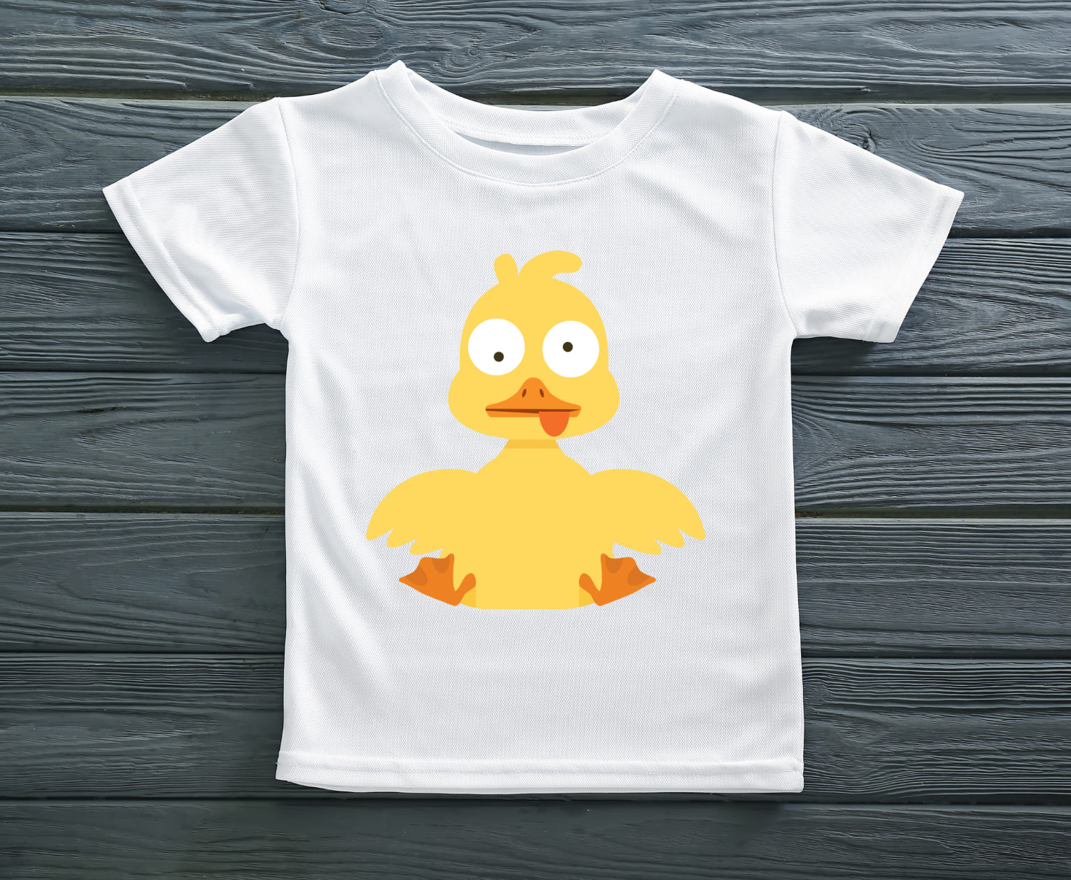Image of white t-shirt with unique print of a cute duck.