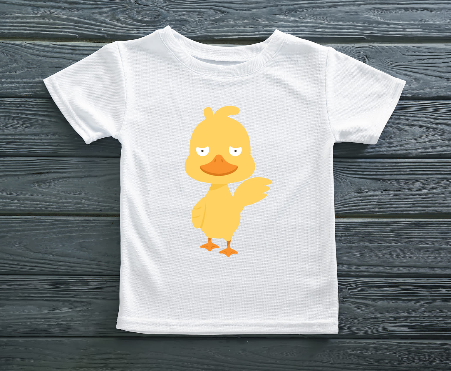 Image of white t-shirt with exquisite print of a cute duck.