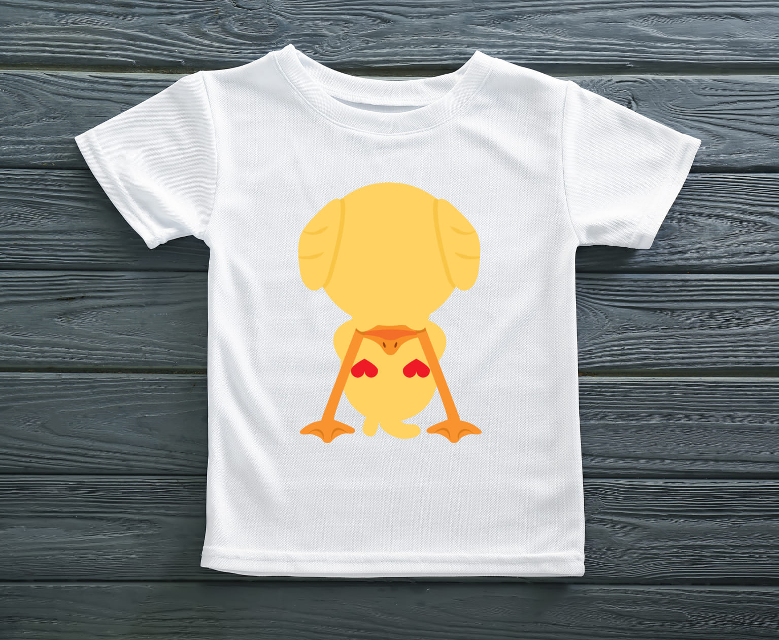 Image of white t-shirt with colorful print of a cute duck.