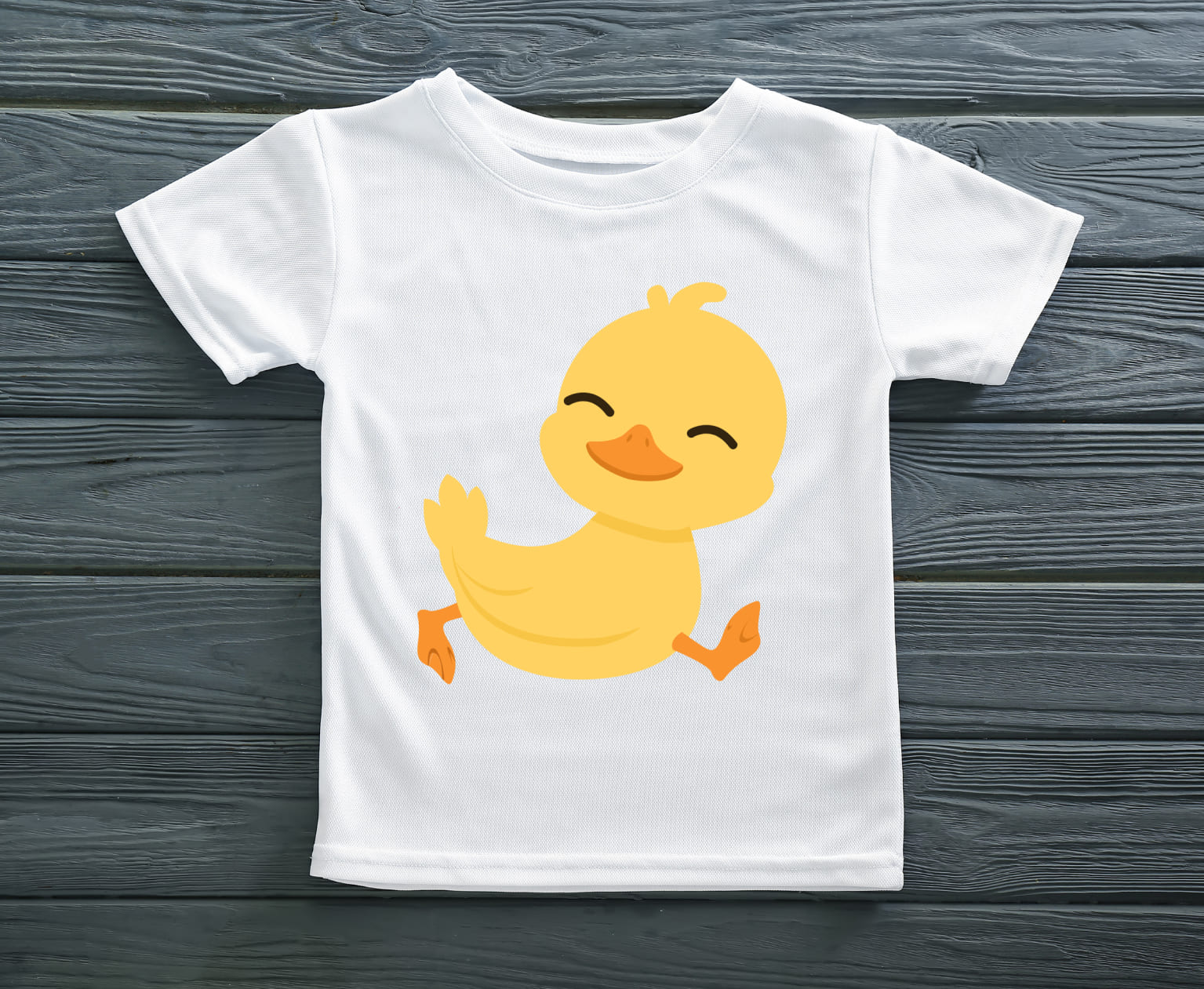 Image of white t-shirt with cheerful print of a cute duck.