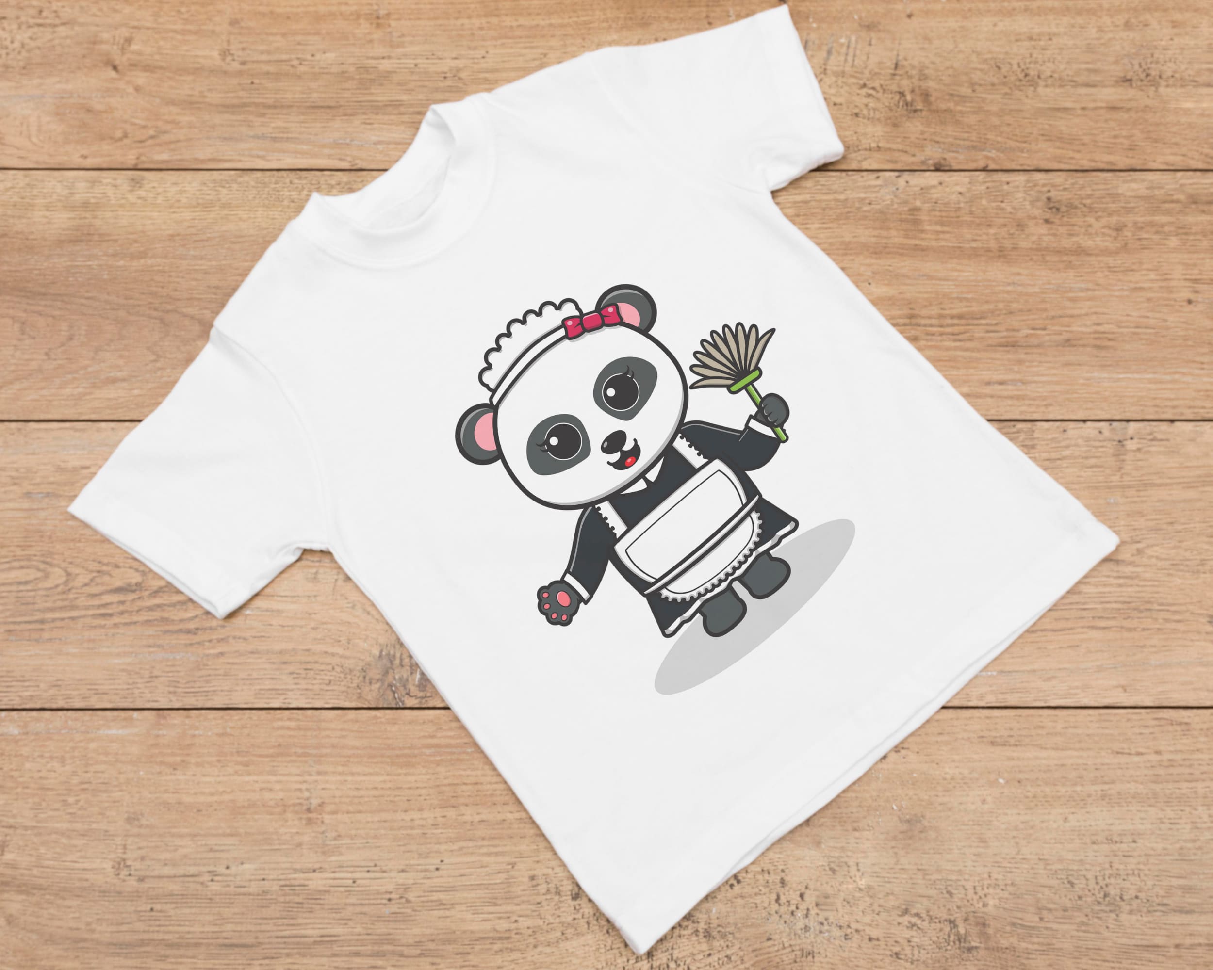 White t-shirt with cleaning lady panda on a wooden background.