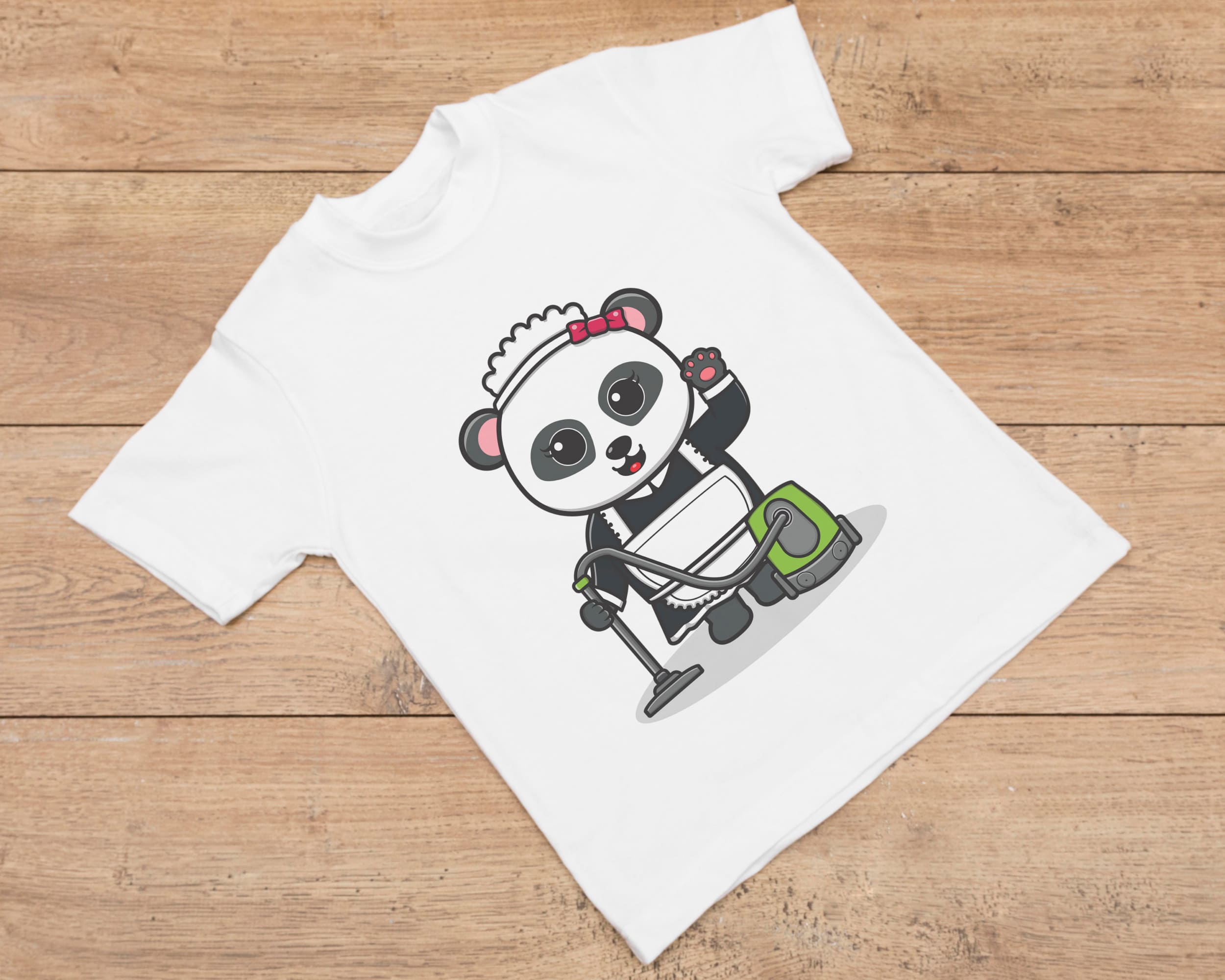 White t-shirt with cleaning lady panda with vacuum cleaner on a wooden background.