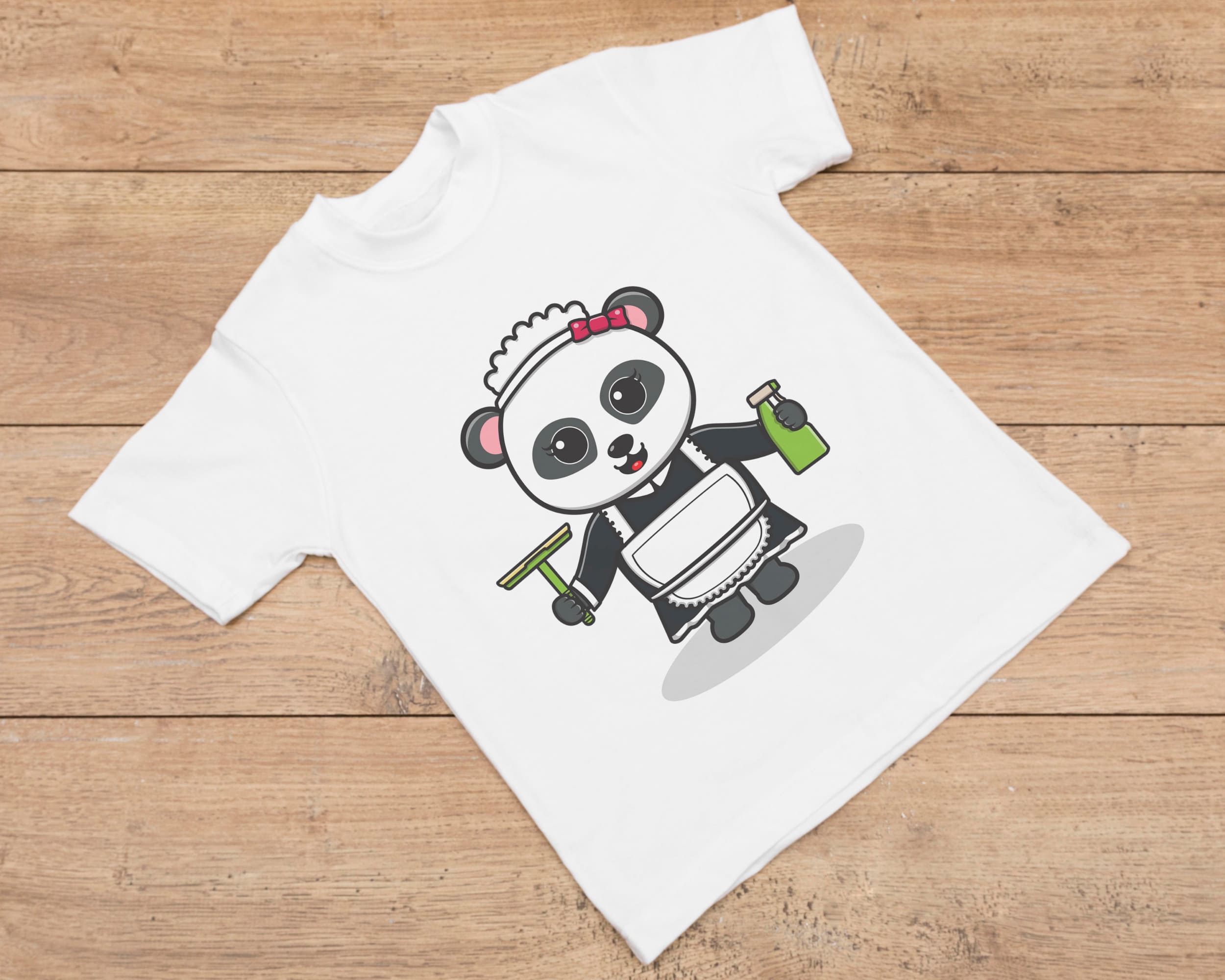 White t-shirt with cute cleaning lady panda on a wooden background.