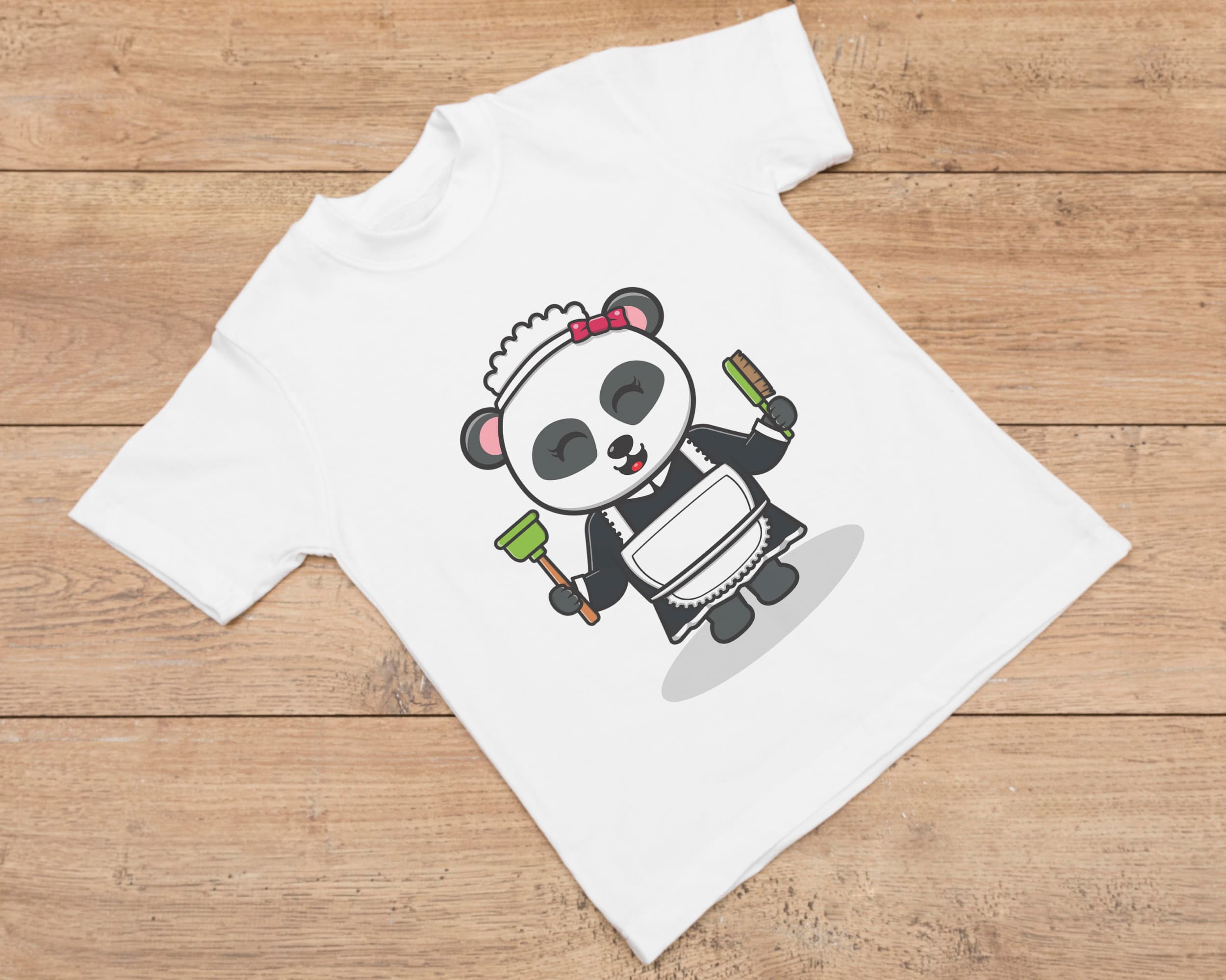 White t-shirt with laughing cleaning lady panda on a wooden background.