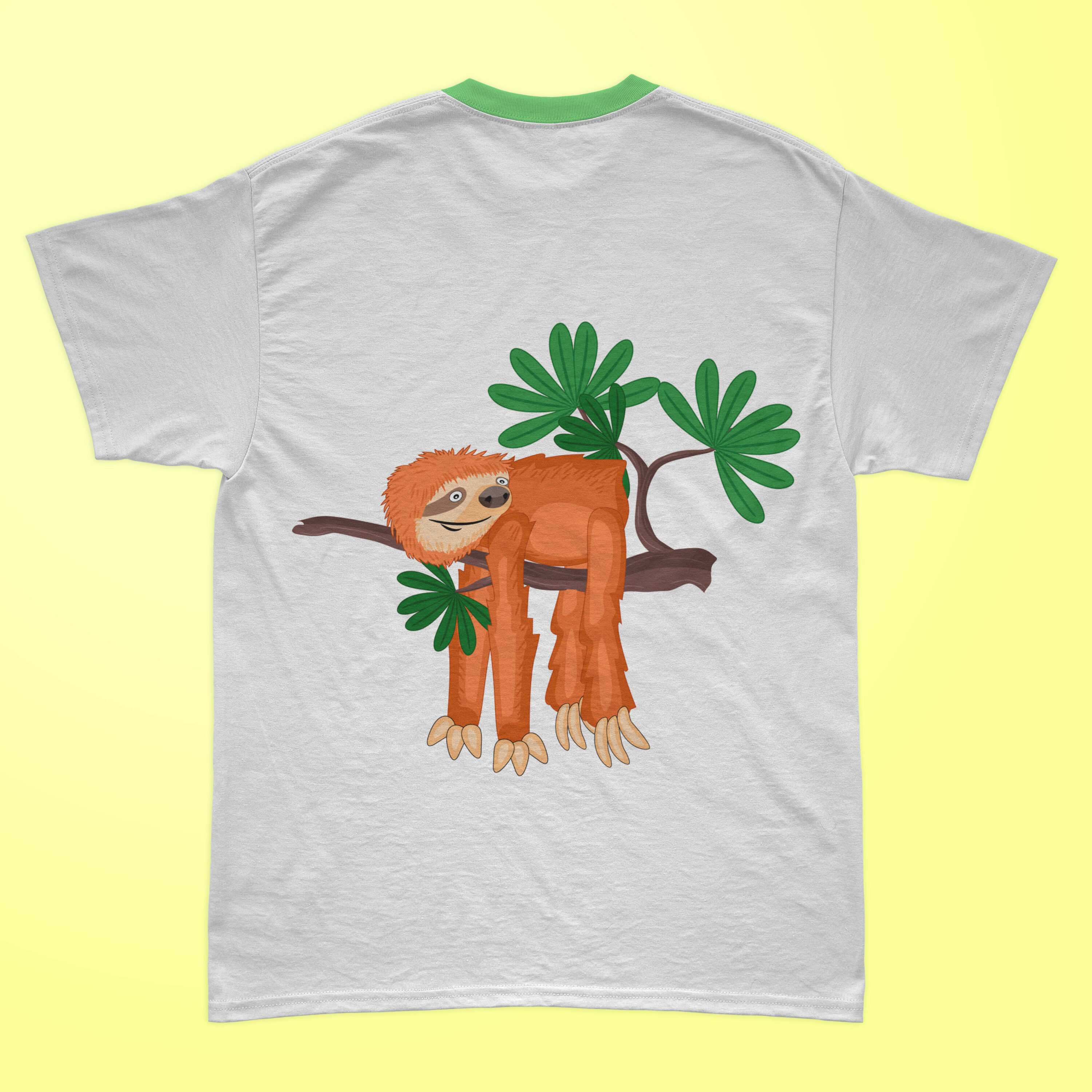 mage of a white t-shirt with an exquisite print of a sloth lying on a tree.