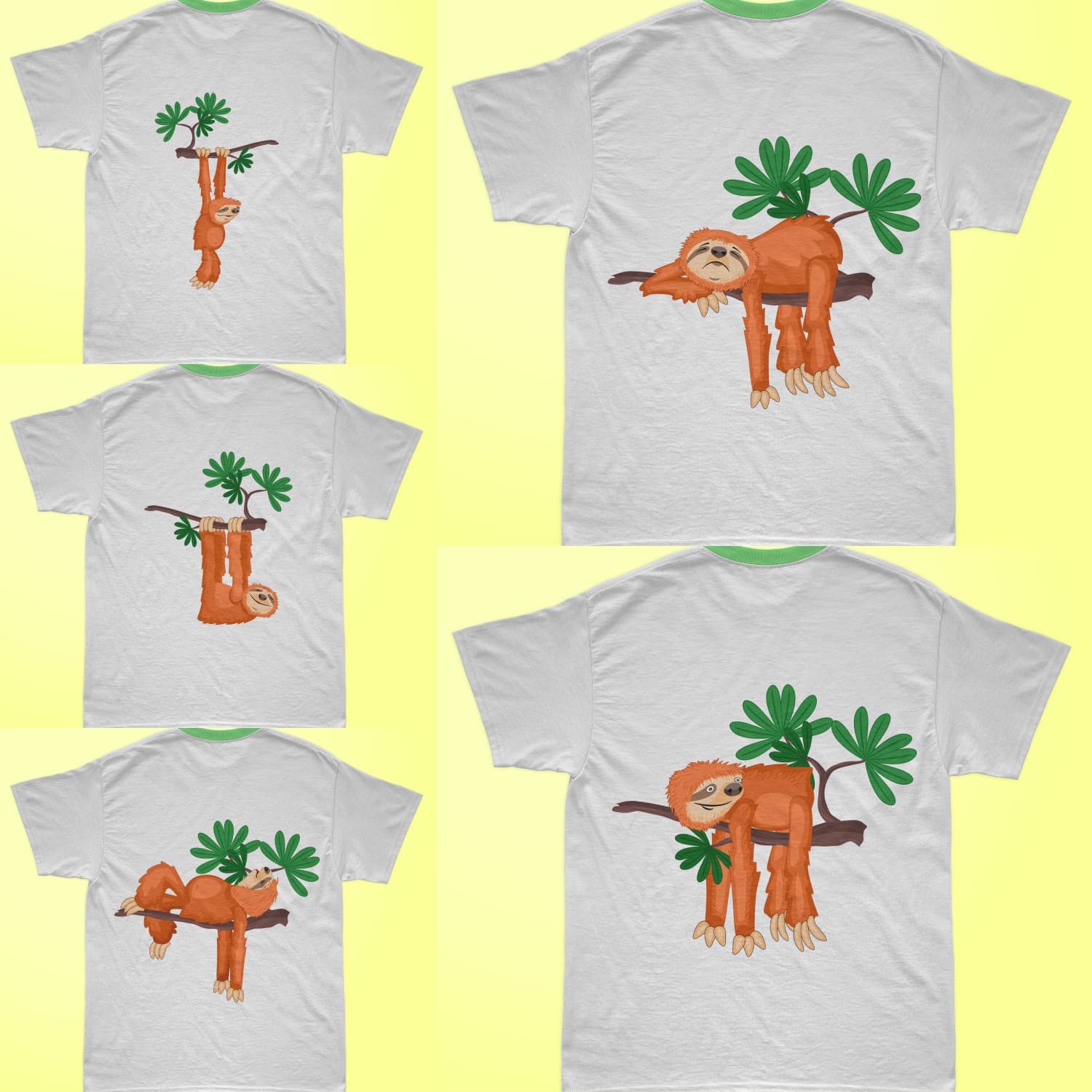 Bundle of T-shirts with colorful sloth print on wood.