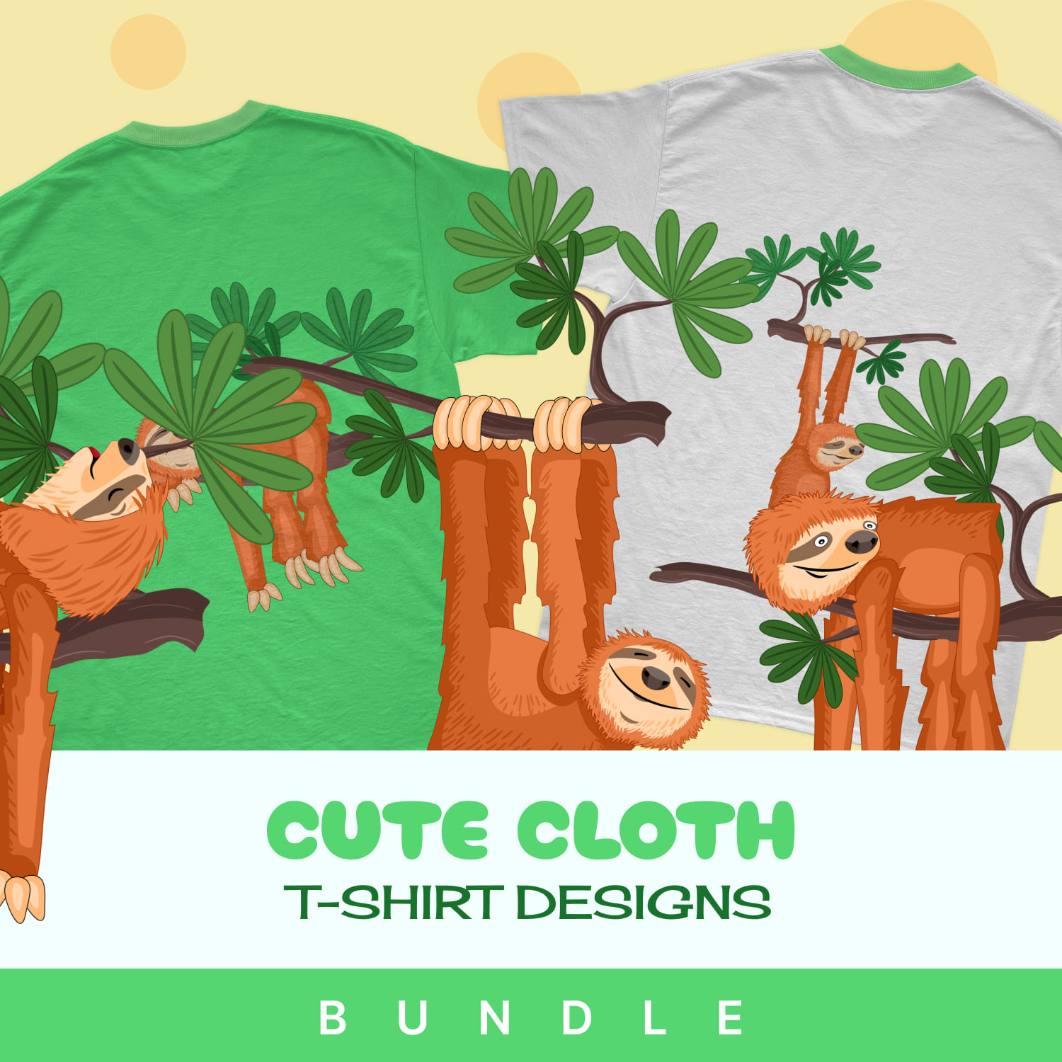 A set of t-shirts with an enchanting print of sloths on a tree.