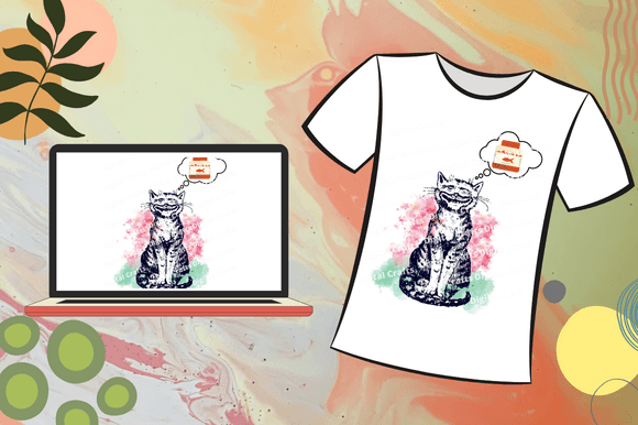 White t-shirt and laptop with black and white illustration of a smiling cat thinking about food with fish on a pink and blue watercolor background.