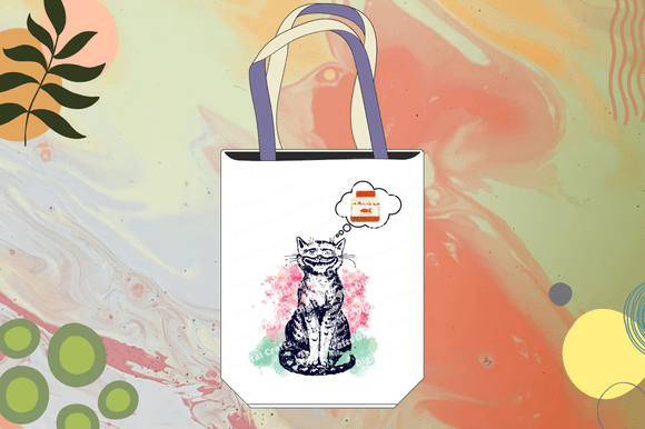 Shopping bag with black and white illustration of a smiling cat thinking about food with fish on a pink and blue watercolor background.