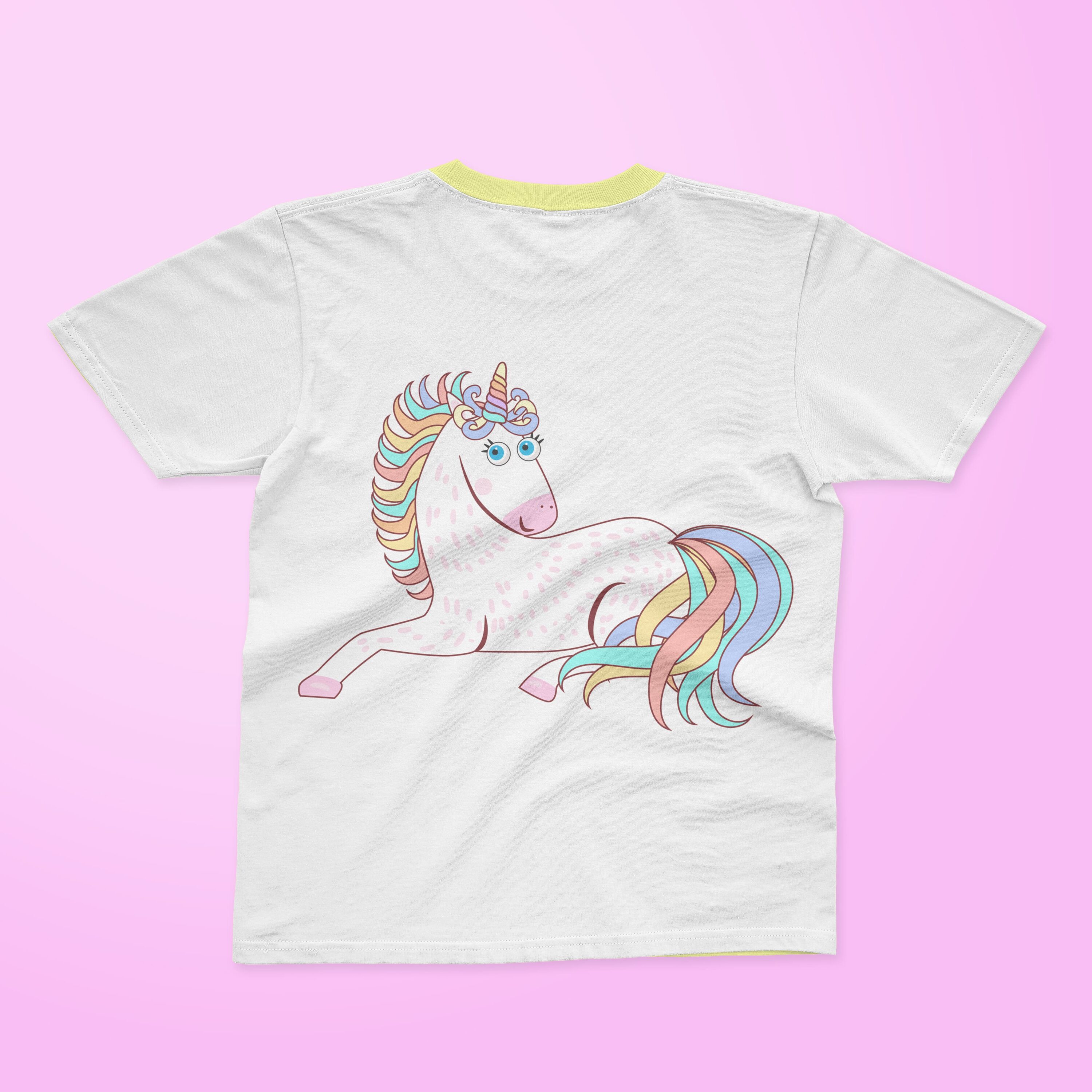 White t-shirt with a yellow collar and a cute lying unicorn on a pink background.