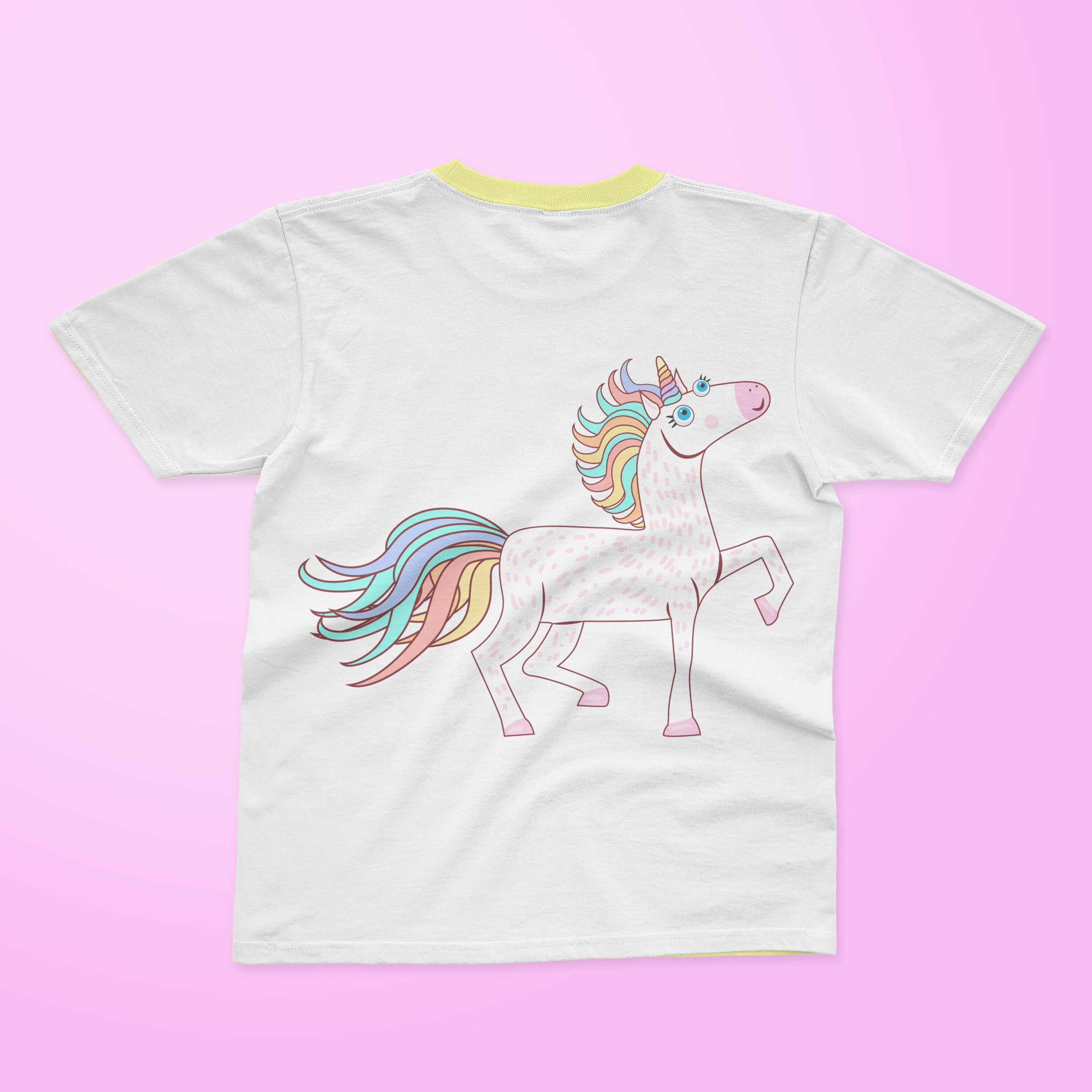 White t-shirt with a yellow collar and a cute unicorn on a pink background.