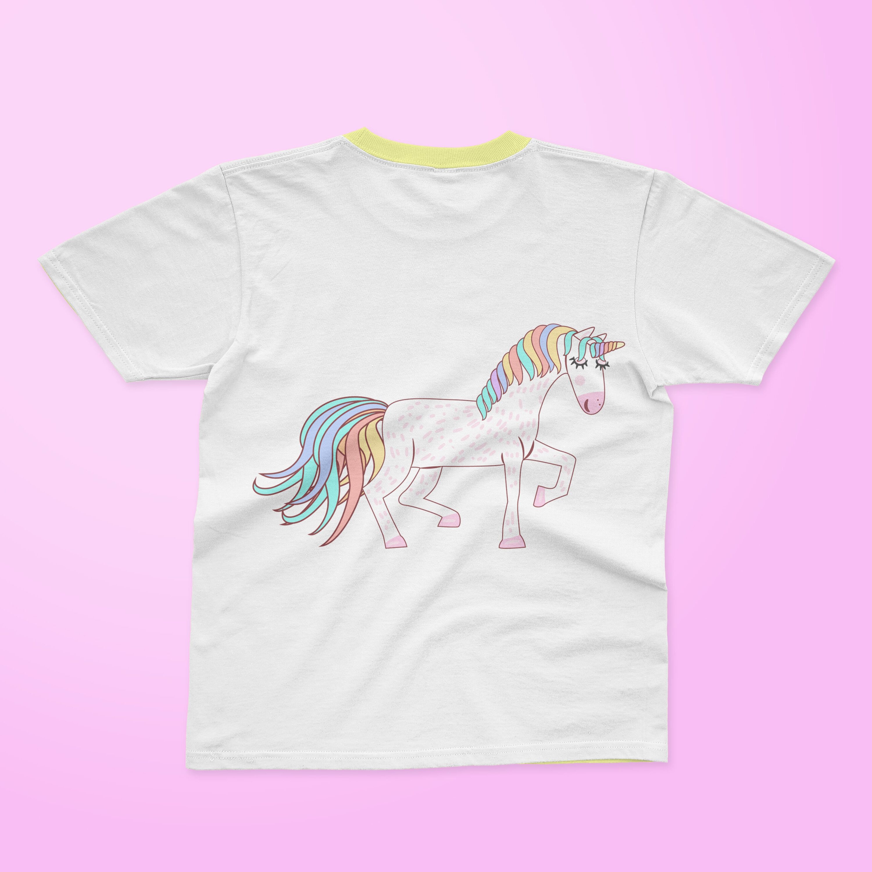 White t-shirt with a yellow collar and a cute unicorn on a pink background.