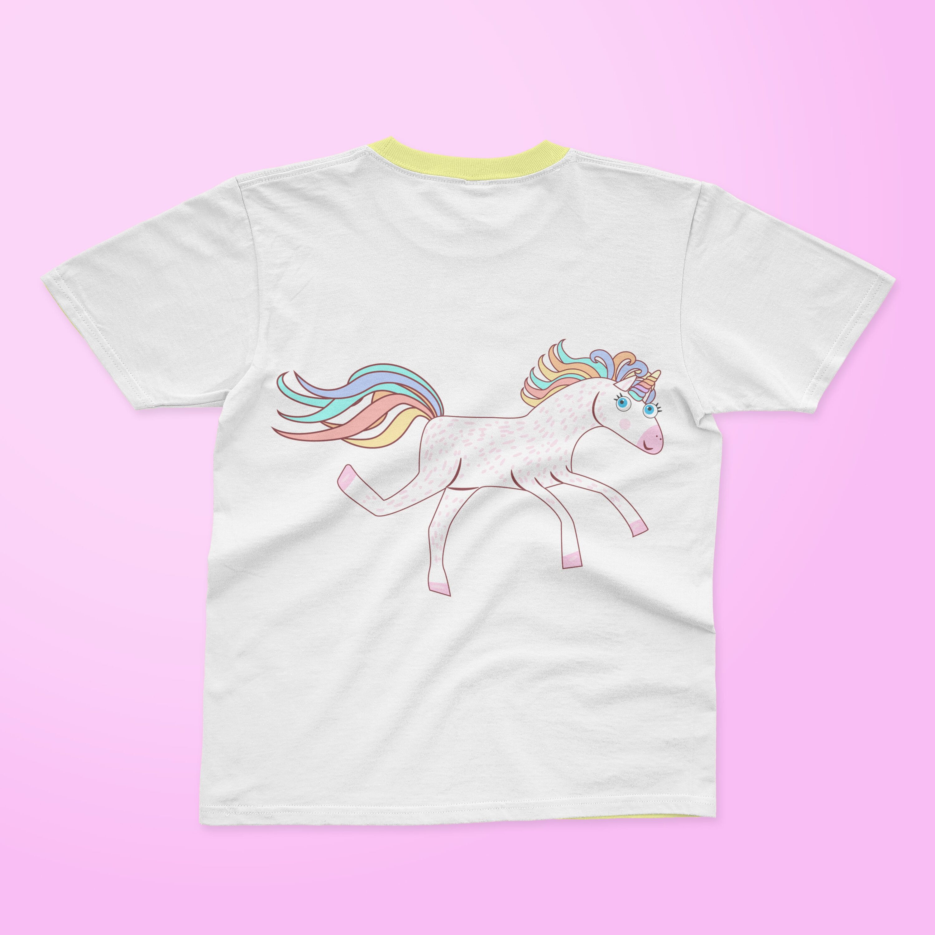 White t-shirt with a yellow collar and a cute running unicorn on a pink background.