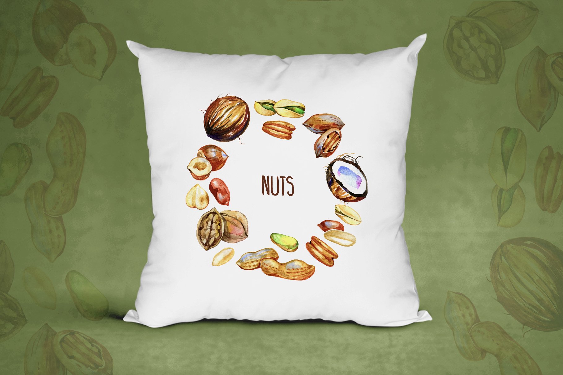 White decorate pillow with the nuts round.