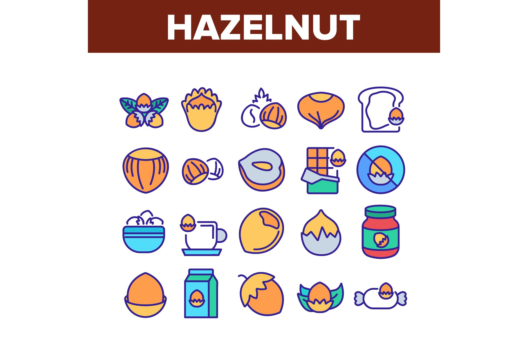 White lettering "Hazelnut" on a brown background a set of 20 different colorful illustrations of a hazelnut on a white background.