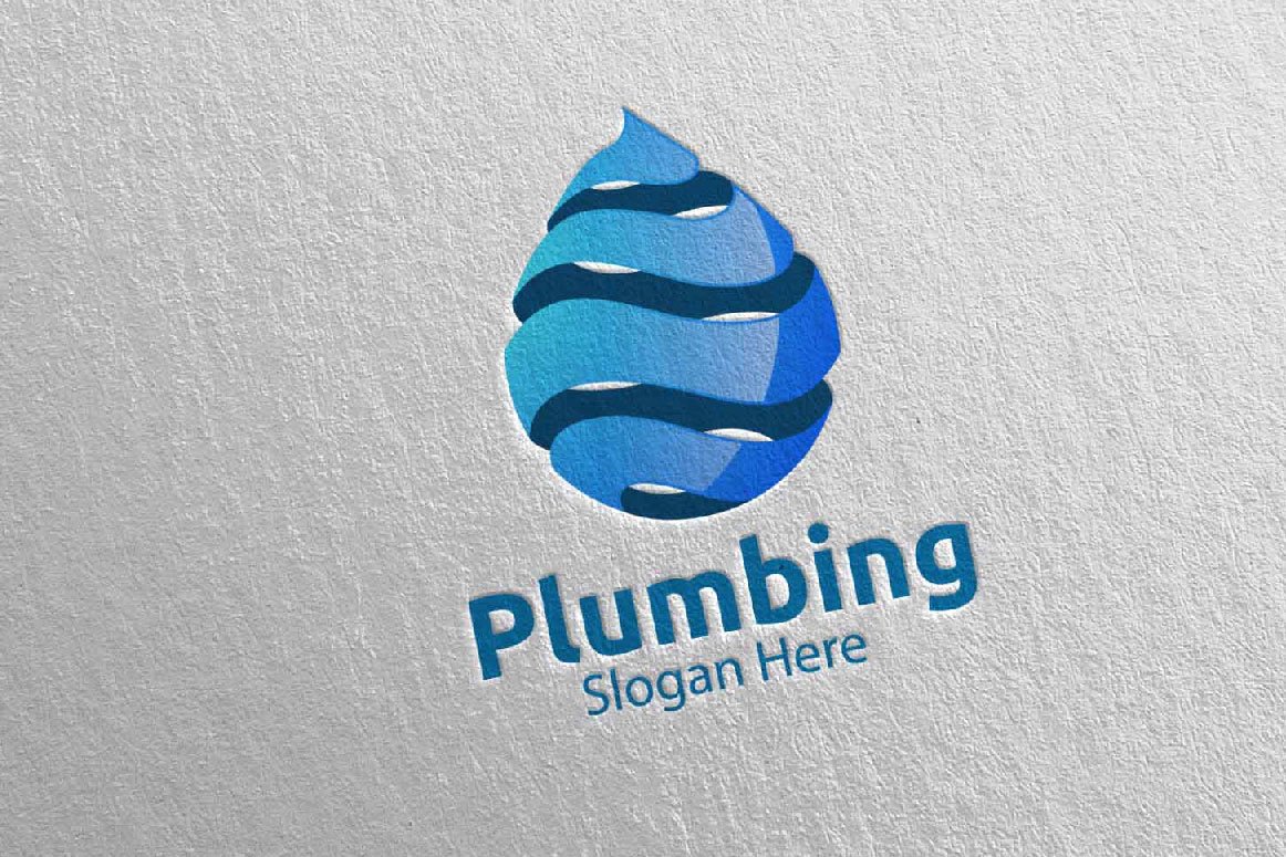 A blue 3D plumbing logo and blue lettering "Plumping slogan here" on a gray background.