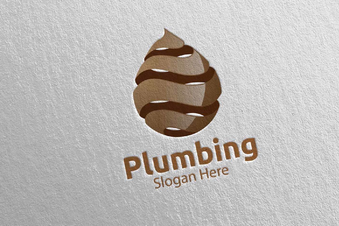 A brown 3D plumbing logo and brown lettering "Plumping slogan here" on a gray background.