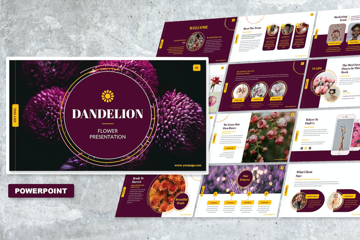 Collection of images of beautiful presentation template slides on the theme of flowers.