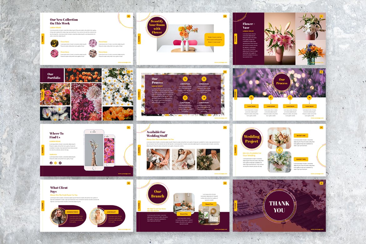 Bunde of images of exquisite presentation template slides on the theme of flowers.